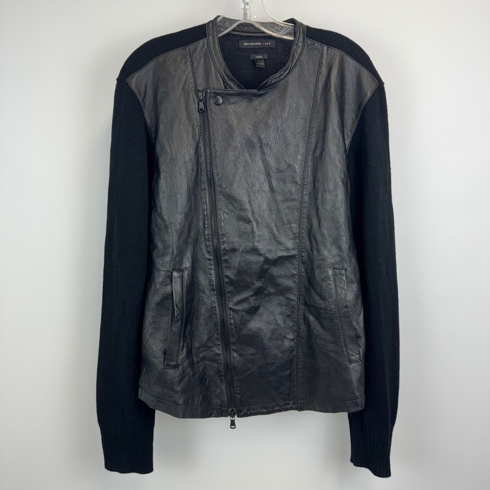 John Varvatos USA Luxe Large Lamb Leather Merino Wool Mixed Moto‎ Jacket Black